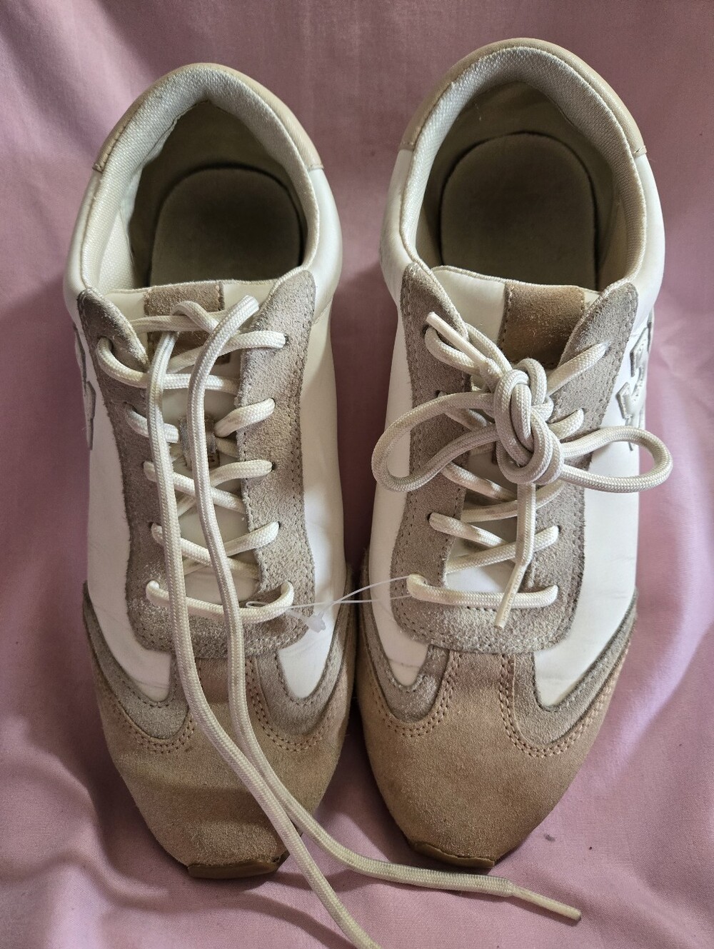 Tory Burch Beige & White Nylon, Leather & Suede-Trim Running Sneakers